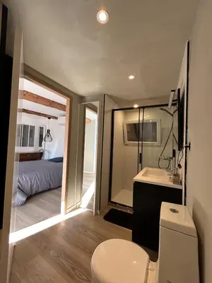 a bathroom with a toilet and a bed in a room at Maison chaleureuse atypique in Saint-Chinian