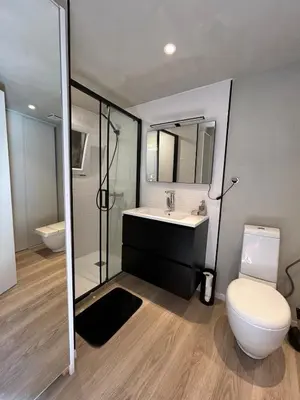 a bathroom with a sink and a toilet and a mirror at Maison chaleureuse atypique in Saint-Chinian