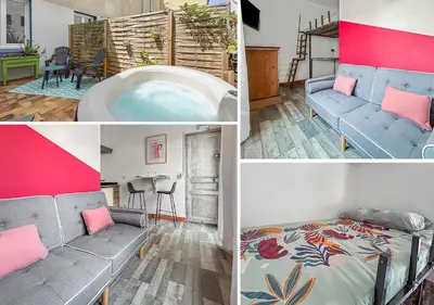 a collage of photos of a living room with a hot tub at Studio Avec SPA et Clim Proche Centre in Carcassonne