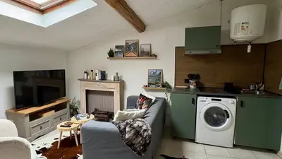 a living room with a couch and a washing machine at Appartement style chalet proche Cité Carcassonne & lac de la Cavayère in Trèbes