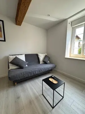 a living room with a couch and a table at La perle centrale - Studio in Limoux