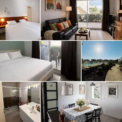 a collage of photos of a hotel room at Résidence Les jardins du Phoebus Géolia Piscine Climatisation Parking By LCG in Gruissan