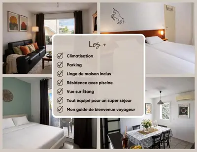 a collage of photos of a hotel room at Résidence Les jardins du Phoebus Géolia Piscine Climatisation Parking By LCG in Gruissan