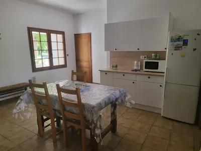 a kitchen with a table with chairs and a refrigerator at maison de campagne in Le Vernet