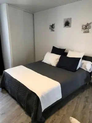 a bedroom with a large bed with black and white at les gites de KALY in Bélesta