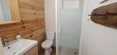 a bathroom with a toilet and a sink and a shower at La Biscornutte in Thézan-des-Corbières