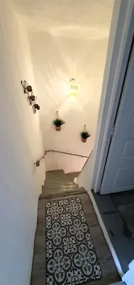 a stairway with a door and plants on the wall at La Biscornutte in Thézan-des-Corbières