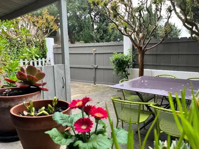 a patio with a table and some potted plants at Artistic house in Carcassonne