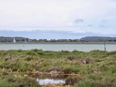 a sail boat on a large body of water at Maison bleu avec vue mer, étang & Pyrénées in Bages