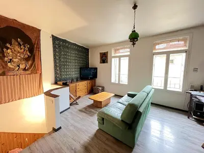 a living room with a green couch and a tv at Maison de village pleine de charme, 7 couchages in Vingrau