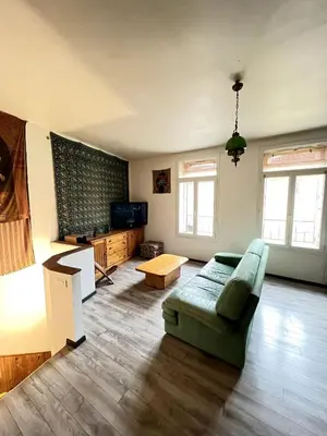 a living room with a green couch and a television at Maison de village pleine de charme, 7 couchages in Vingrau