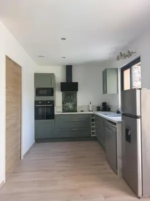 a kitchen with green cabinets and stainless steel appliances at L'Enclos de Nathalie et Jacques in Rieux-Minervois