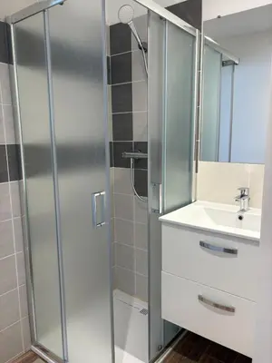 a bathroom with a shower and a sink at Albert I Ground floor l Terrace l Garden l Air conditioning in Castres