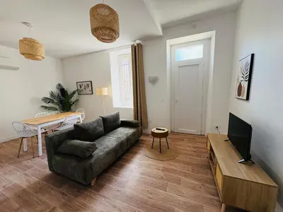 a living room with a couch and a table at Albert I Ground floor l Terrace l Garden l Air conditioning in Castres
