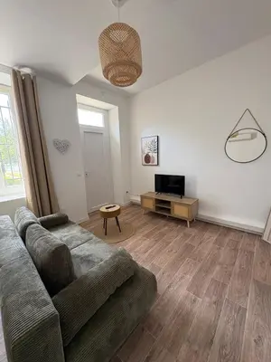 a living room with a couch and a tv at Albert I Ground floor l Terrace l Garden l Air conditioning in Castres