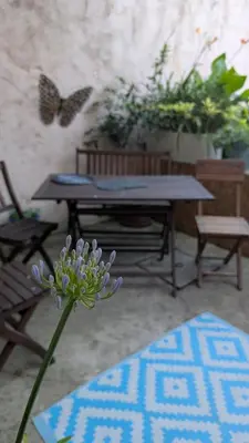 a picnic table with a flower in front of a table at Le Nid de Marguerite in Castelnaudary