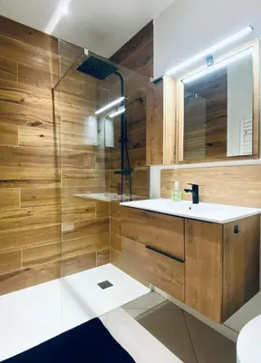 a bathroom with a sink and a glass shower at Le Bastion, 15 guests, 5 suites, 5 baths, AC in Pouzols-Minervois