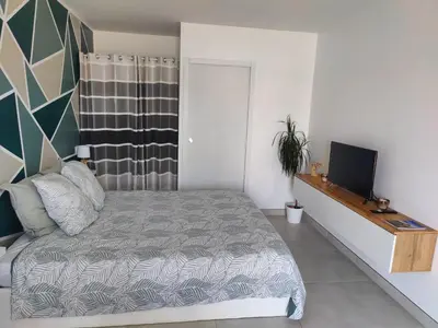 a bedroom with a bed and a television in it at Studio cosy proche des vignes in Roubia