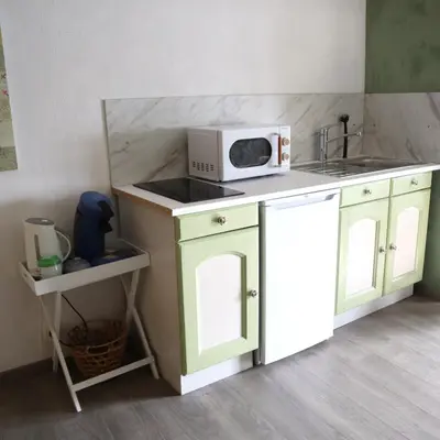 a kitchen with a sink and a microwave on a counter at Au pied du Figuier in Pauligne