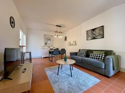 a living room with a couch and a table at L'appartement des boulangers in Carcassonne