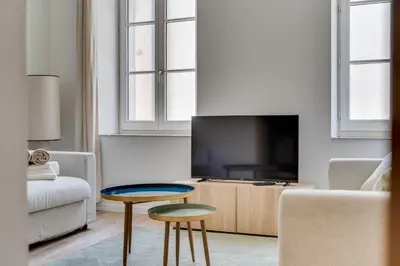a living room with a couch and a tv at La Porte de la Cité, Maison Historique Vue Château in Carcassonne