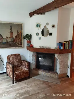 a living room with a chair and a fireplace at Petit Soleil in Quillan