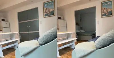 two pictures of a room with a mirror at Maisonnette Proche Gare & Centre l Jardin l Clim in Castres