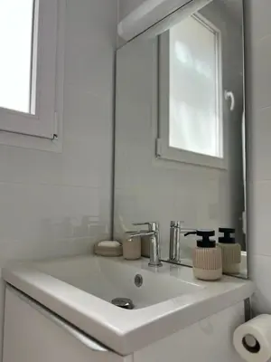a white bathroom with a sink and a mirror at Maisonnette Proche Gare & Centre l Jardin l Clim in Castres