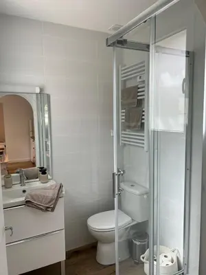a bathroom with a toilet and a glass shower at Maisonnette Proche Gare & Centre l Jardin l Clim in Castres