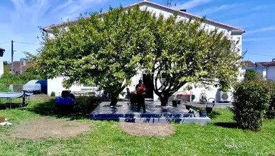 a person sitting under a tree in a yard at LE HAVRE D'ATHENA - Grand appart, jardin privé, abri vélos & accès rapide A61 in Castelnaudary
