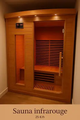 an empty sauna enclosure in a room at LE HAVRE D'ATHENA - Grand appart, jardin privé, abri vélos & accès rapide A61 in Castelnaudary