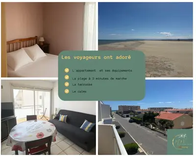 a collage of pictures of a room with a bed and a view at T2 traversant, 2 balcons, 4 pers, proche plage in Port-la-Nouvelle