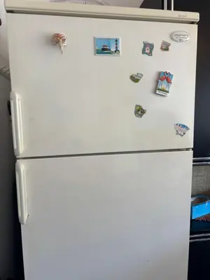 a white refrigerator with magnets and pictures on it at T2 traversant, 2 balcons, 4 pers, proche plage in Port-la-Nouvelle