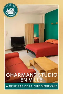 a room with a red bed and a tv at Carcassonne Studio in Carcassonne