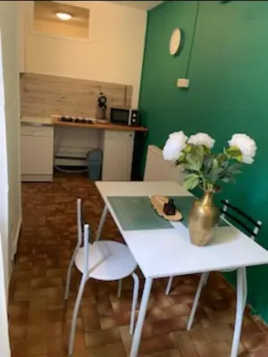 a table and chairs with a vase of flowers on it at Carcassonne Studio in Carcassonne