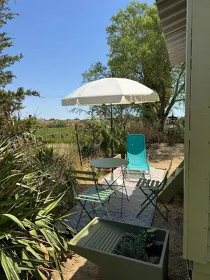 a patio with a table and a chair and an umbrella at La paillote , confort toutes saisons in Moussan