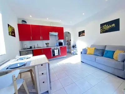 a kitchen and living room with red cabinets and a couch at Gite du domaine de Couchalou in Fontjoncouse
