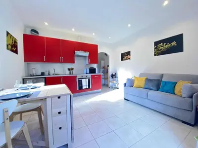 a kitchen and living room with red cabinets and a couch at Gite du domaine de Couchalou in Fontjoncouse