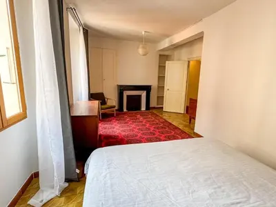 an empty room with a bed and a fireplace at Evasion Vintage à Estagel - 4 pers - Terrasse in Estagel