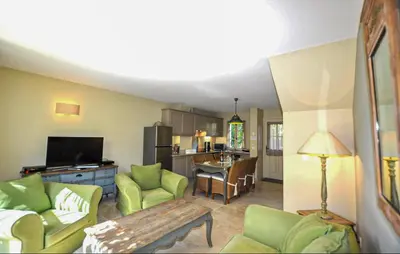 a living room with green furniture and a kitchen at 2 Bedroom Gorgeous Home In St-Laurent-De-La-Cabr in Saint-Laurent-de-la-Cabrerisse