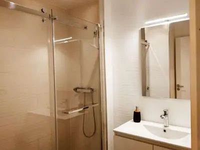 a bathroom with a shower and a sink at Very Chic Townhouse with Pool and Garage in Carcassonne