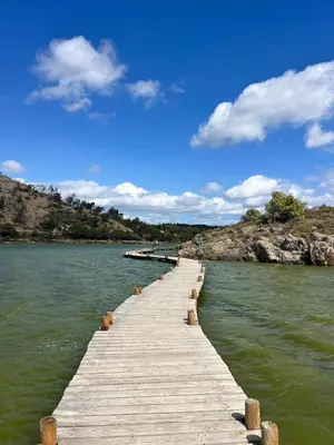 a wooden dock in the middle of a body of water at Suite Bleuet in Peyriac-de-Mer