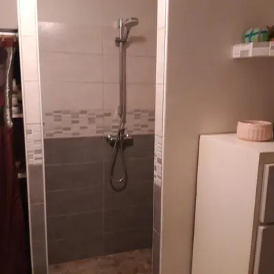 a shower in a bathroom with a glass door at Charmante maison de village in La Digne-dʼAmont