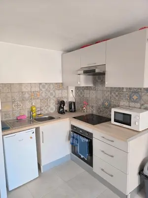 a small kitchen with white cabinets and a microwave at Bel Appartement Terracotta au cœur de Narbonne in Narbonne