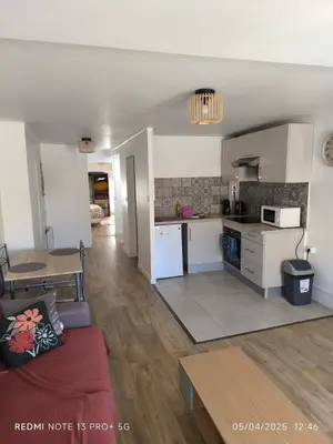 a living room with a couch and a kitchen at Bel Appartement Terracotta au cœur de Narbonne in Narbonne