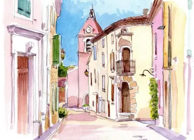 a watercolor painting of a street with a clock tower at La Retraite in Assignan