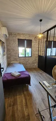 a bedroom with a large bed in a room at Charmante maison industriel au coeur du village in Vinassan
