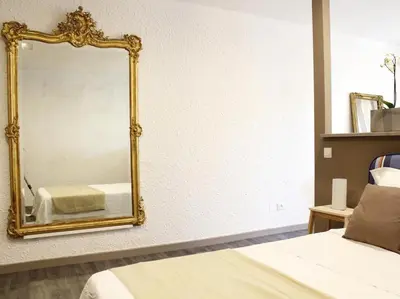 a bedroom with a gold mirror on the wall at Maison Bacou cité 1 in Carcassonne