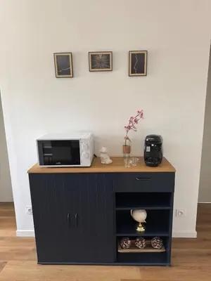 a black cabinet with a microwave on top of it at Apparently cozy - wifi - Netflix - air-conditioned in Labastide-dʼAnjou