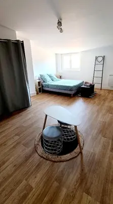 a living room with a table and a bed at Logement spacieux in Carcassonne